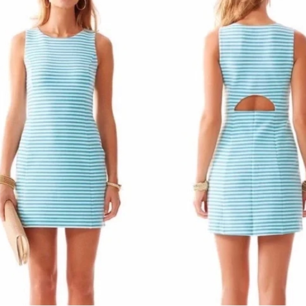 Lilly Pulitzer Shorely Blue White Ottoman Stripe Cut Out‎ Dress Sz L Fitted